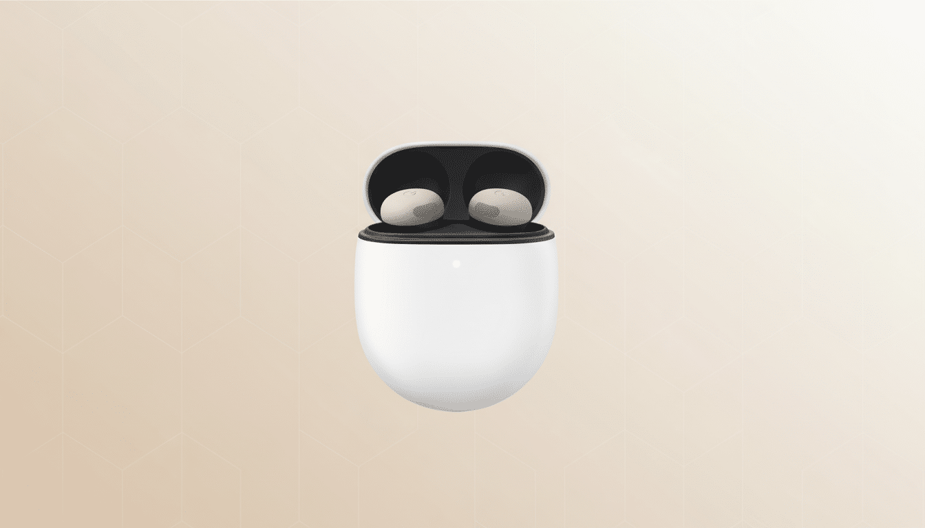 A pair of white wireless earbuds in their open charging case, set against a soft, light beige background with subtle geometric patterns.