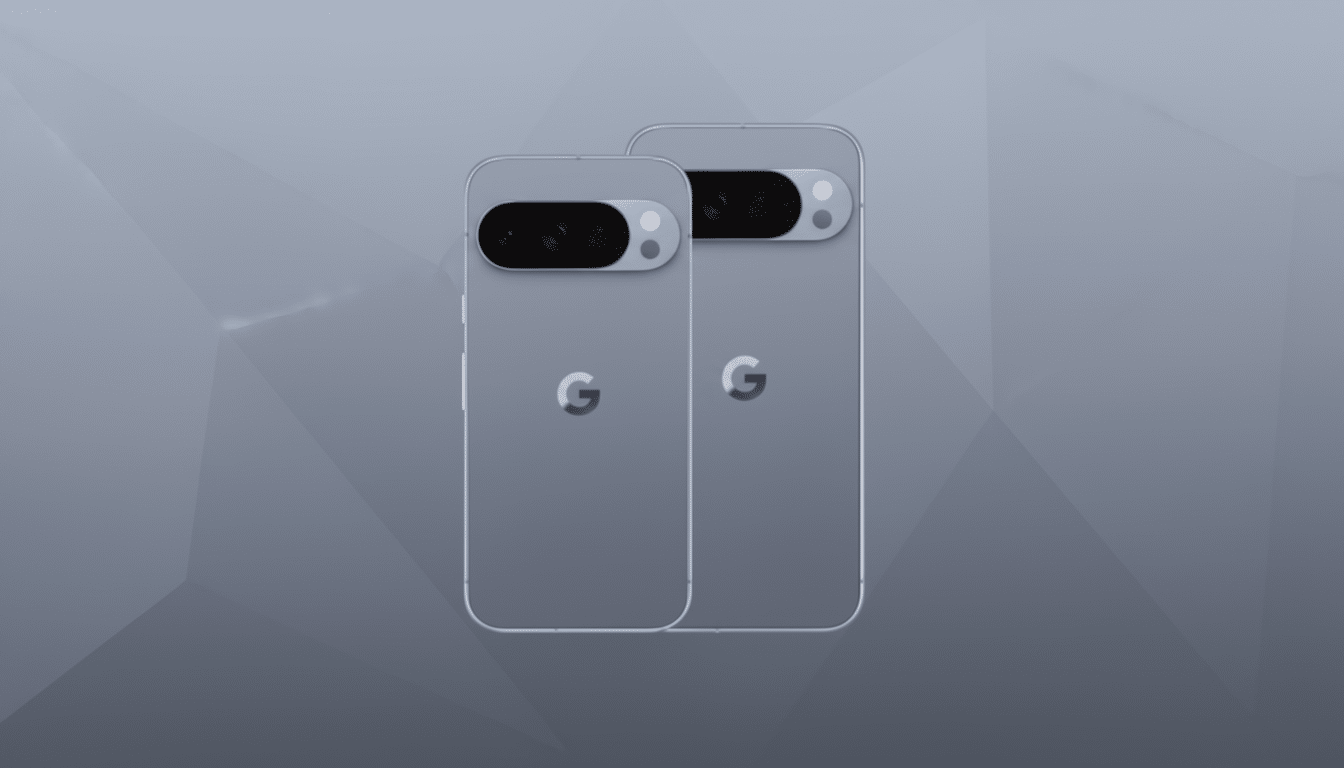Two gray Google Pixel phones are shown from the back, with the camera bar and Google logo visible, set against a professional gray background with subtle geometric patterns.