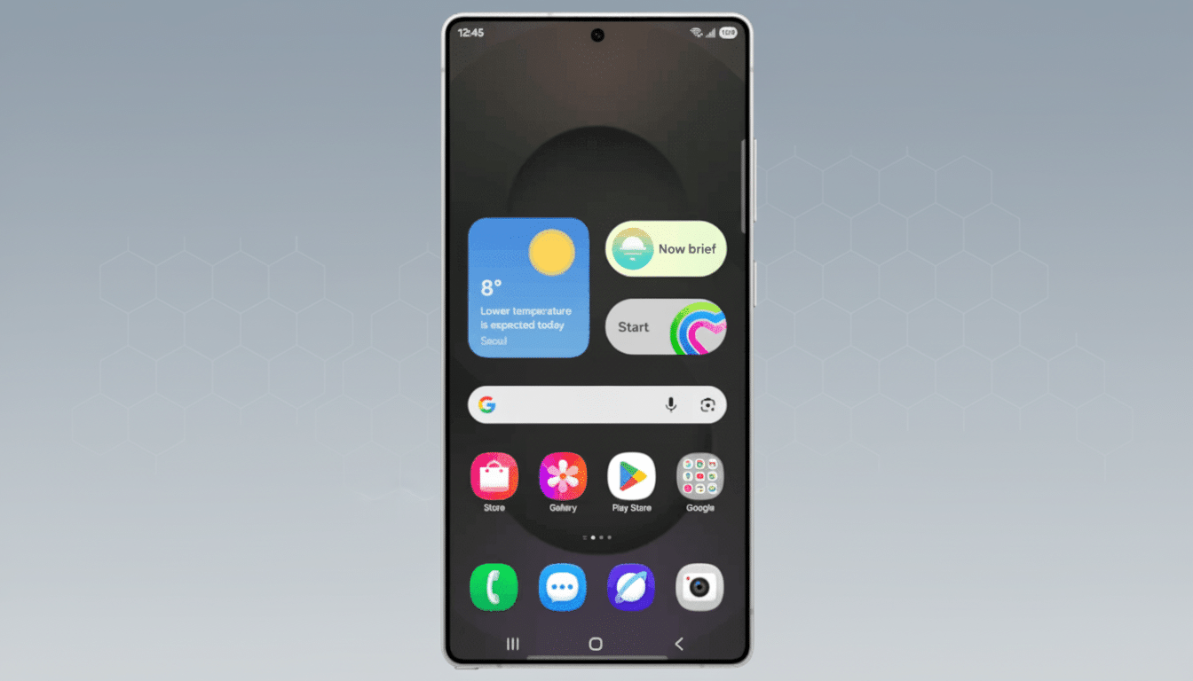 A smartphone displaying its home screen with various app icons and widgets, set against a professional flat design background with a subtle hexagonal pattern.