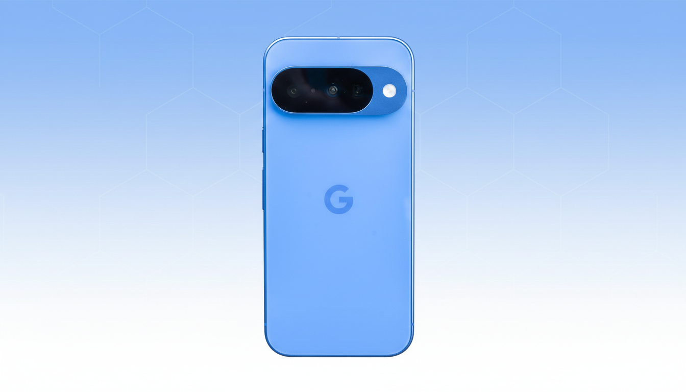A blue Google Pixel phone is centered on a light blue and white gradient background with a subtle hexagonal pattern.