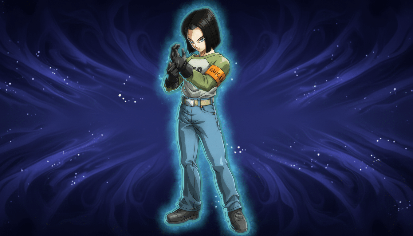 A 16:9 aspect ratio image of Android 17 from Dragon Ball, standing with a blue aura, against a dark blue background with subtle swirling patterns.