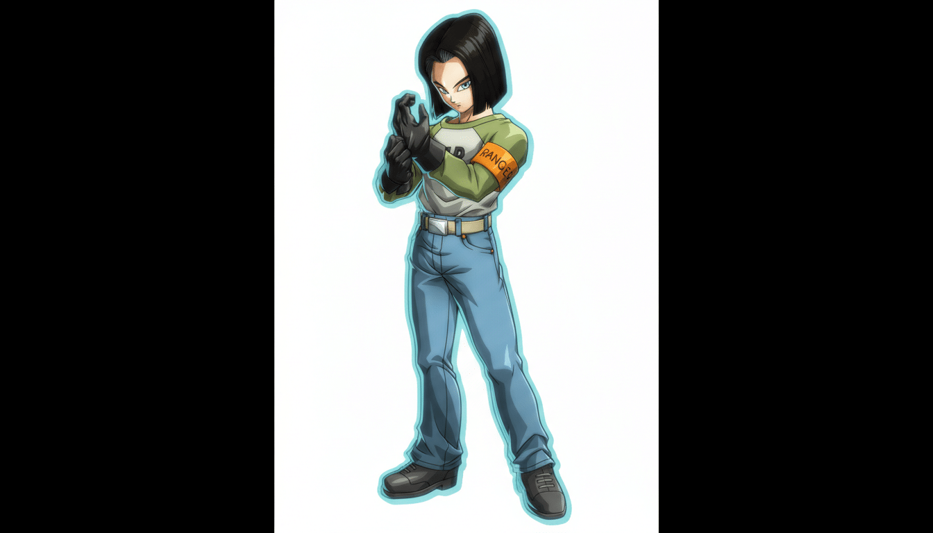 A 16:9 aspect ratio image of Android 17 from Dragon Ball, standing with his hands together, wearing a green and white shirt, blue jeans, and black gloves, with an orange RANGER armband.