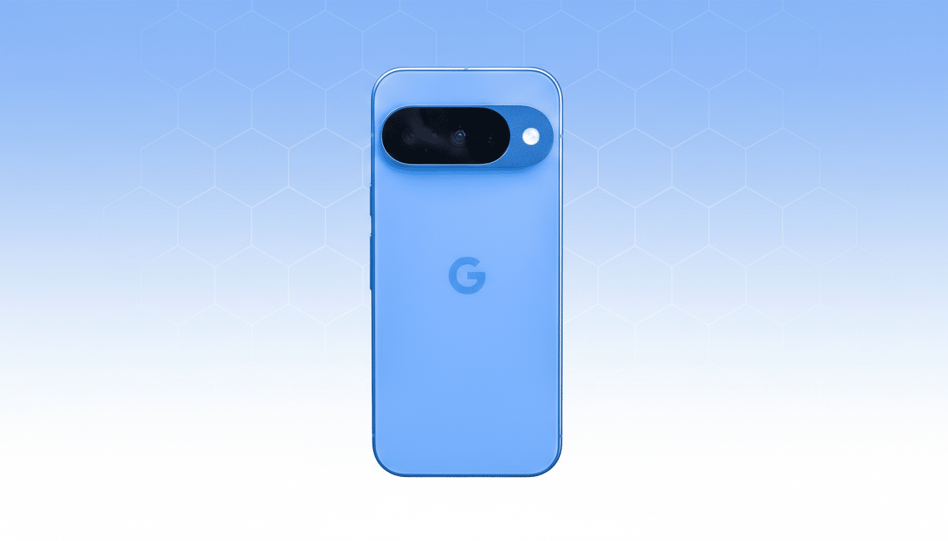A blue Google Pixel phone is centered on a light blue and white gradient background with a subtle hexagonal pattern.
