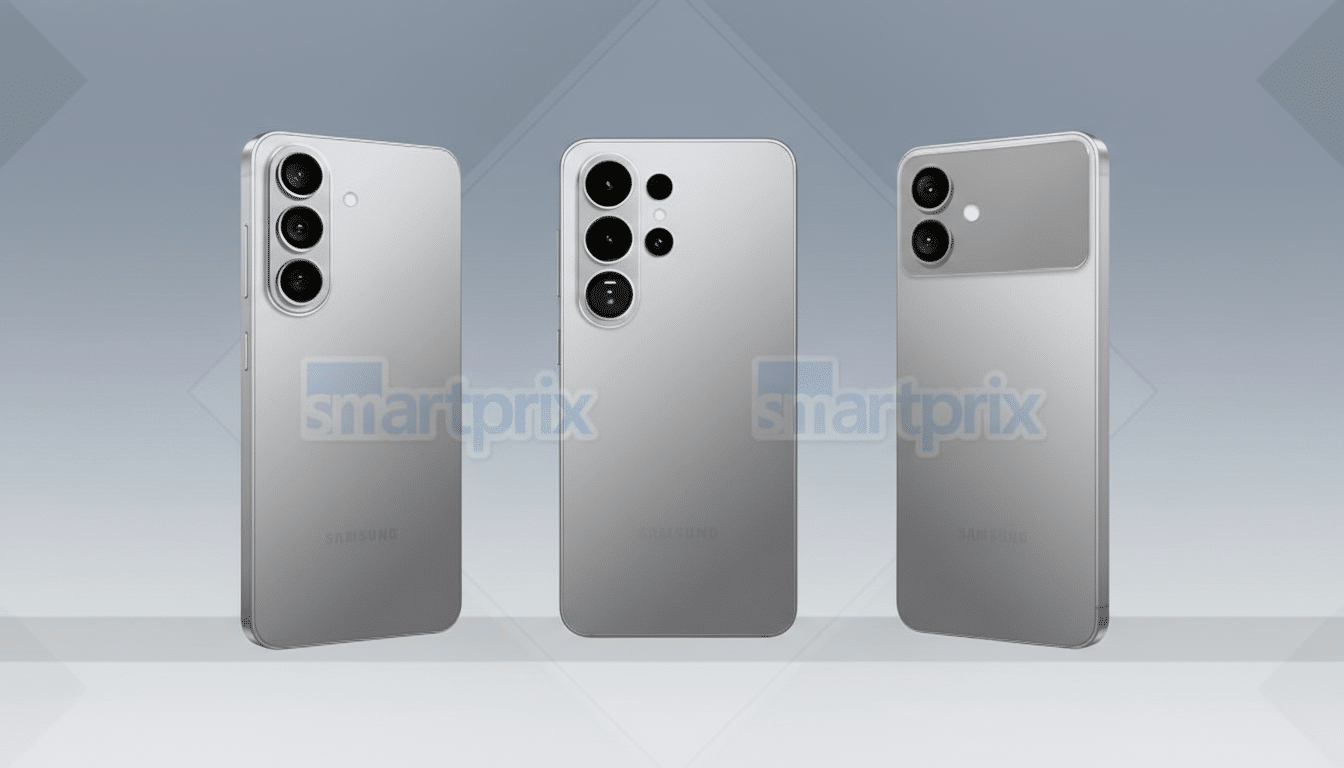 Three silver Samsung smartphones are displayed against a professional flat design background with soft patterns and gradients.