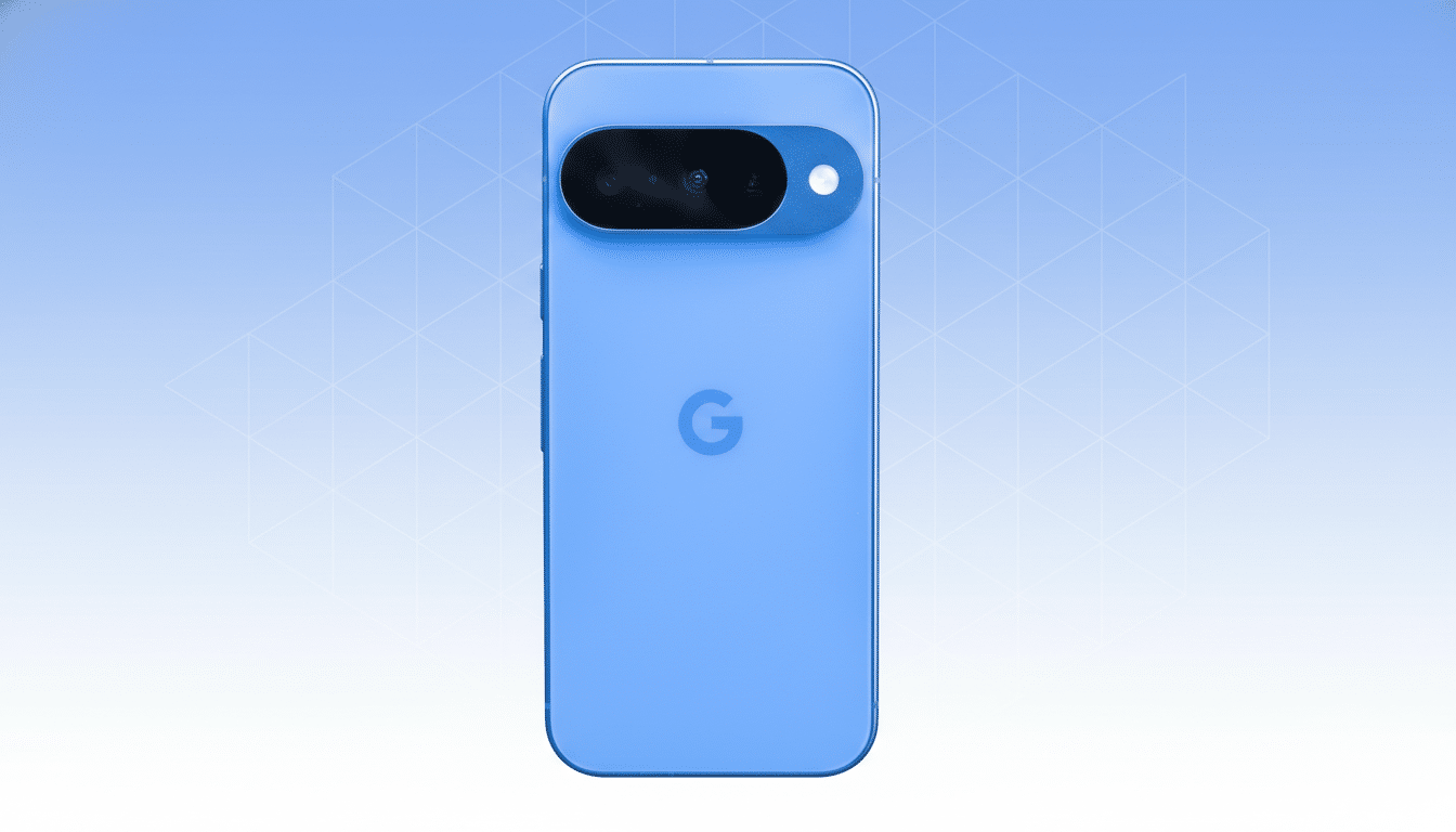 A light blue Google Pixel phone is centered against a professional light blue and white gradient background with subtle geometric patterns.