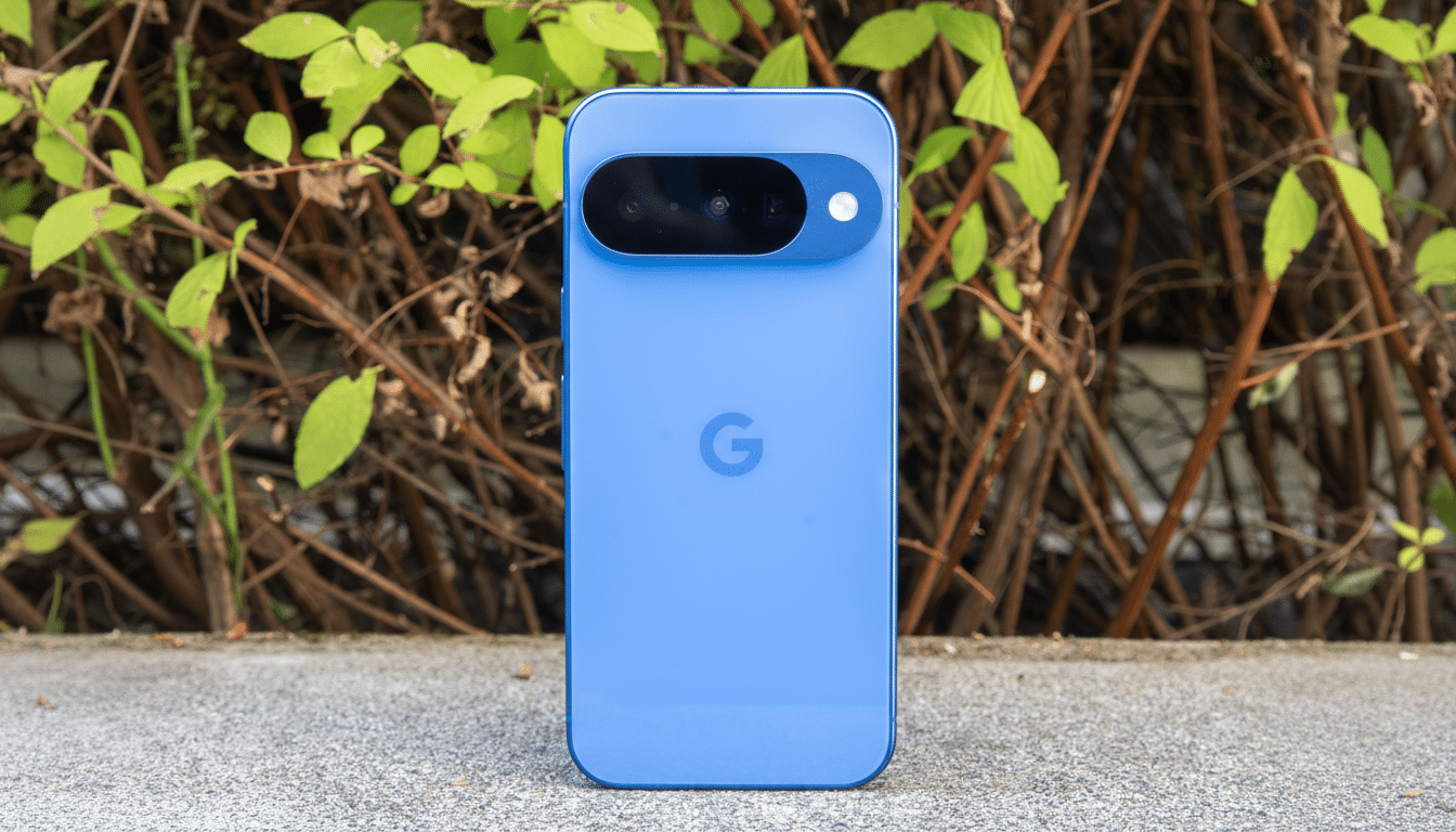 A blue Google Pixel phone is shown from the back, standing upright on a concrete surface with green leaves and brown branches in the background.