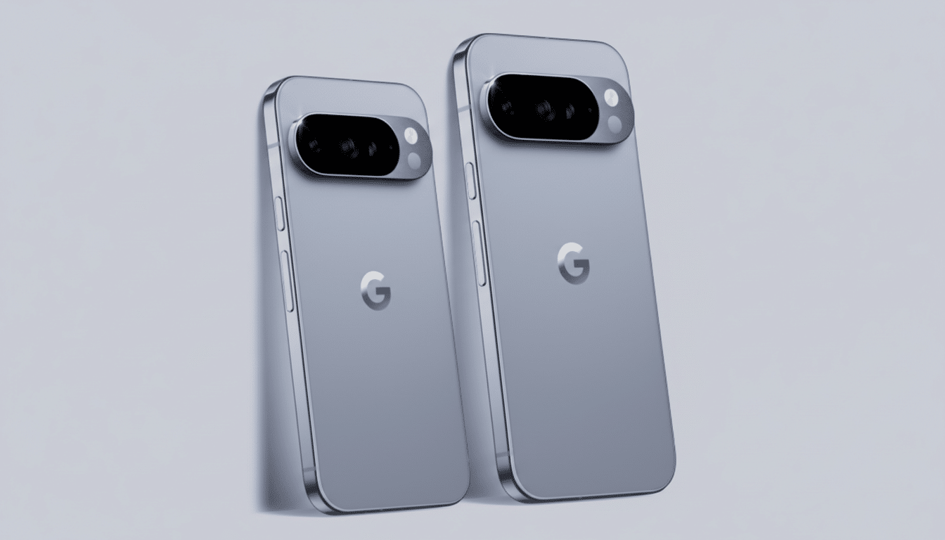 Two light blue Google Pixel phones are shown at a slight angle, leaning against each other. The phone on the left is slightly smaller than the one on the right. Both phones have a prominent horizontal camera bar across the top back, with multiple lenses visible. A subtle G logo is centered on the back of each phone. The background is a clean, light gray.