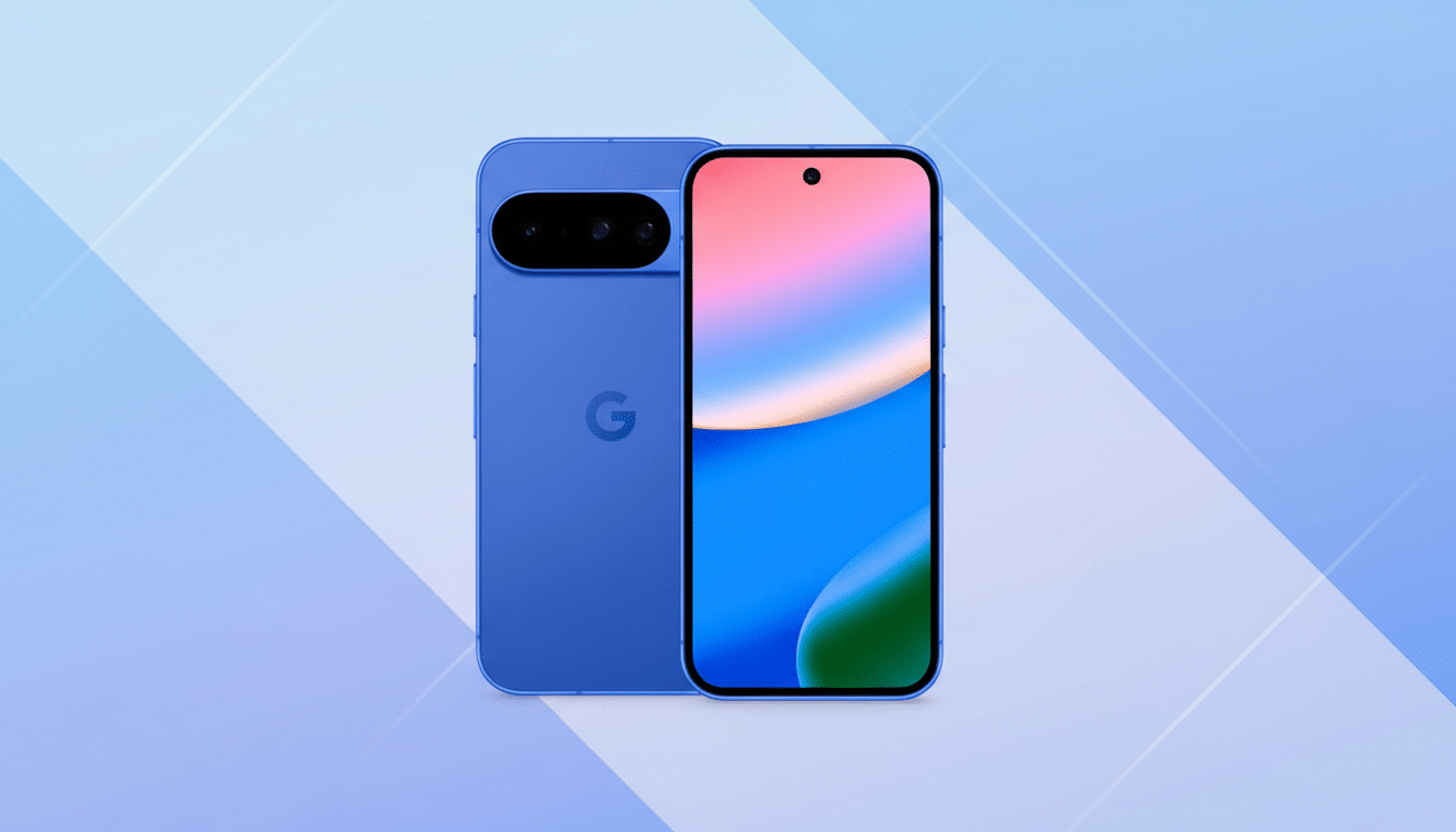 A blue smartphone with a Google logo on the back and a colorful screen on the front, presented on a professional flat design background with soft patterns and gradients.