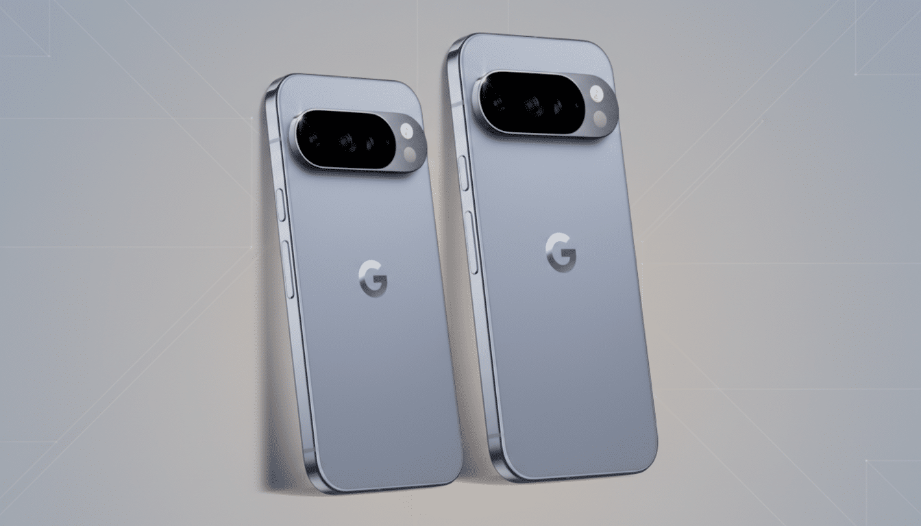 Two light blue Google Pixel phones are shown at a slight angle, with their backs facing the viewer. The phone on the left is slightly smaller and positioned in front of the one on the right. Both phones feature a prominent G logo in the center of their backs and a horizontal camera bar near the top. The background is a professional flat design with soft gray gradients and subtle geometric patterns.