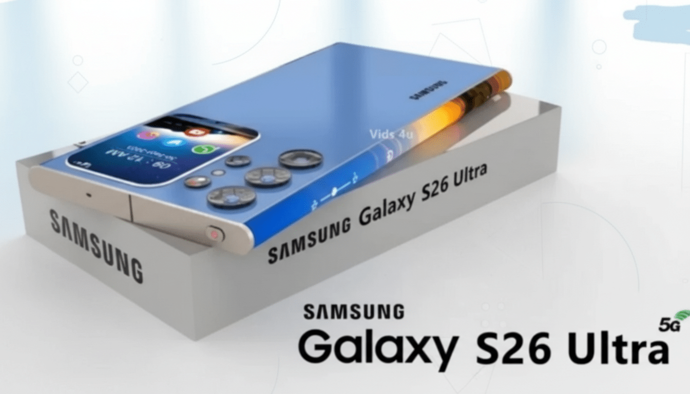 A blue Samsung Galaxy S26 Ultra phone with a flexible screen, resting on a white box with SAMSUNG written on it. The background is a professional flat design with soft patterns.