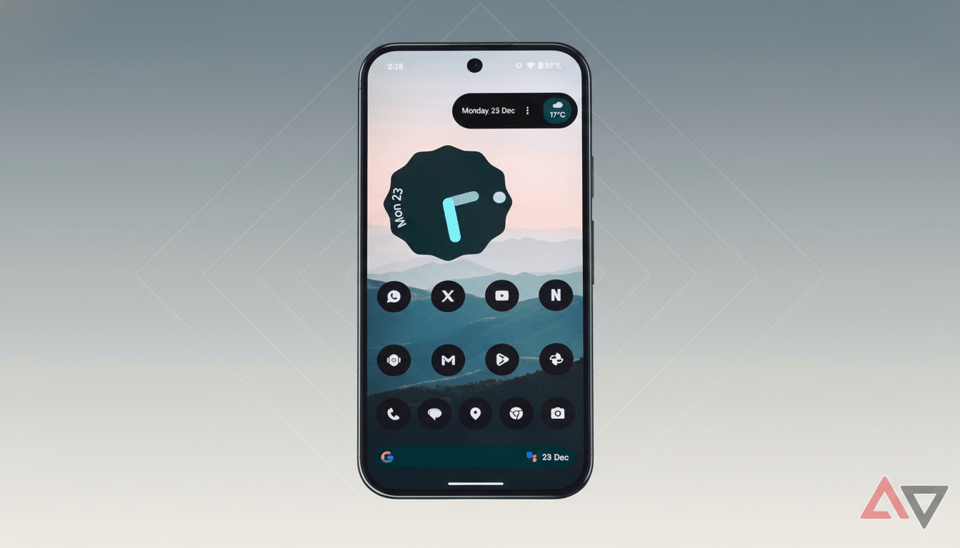 A smartphone displaying a custom Android home screen with a large clock widget and app icons, set against a professional flat design background with soft gradients.