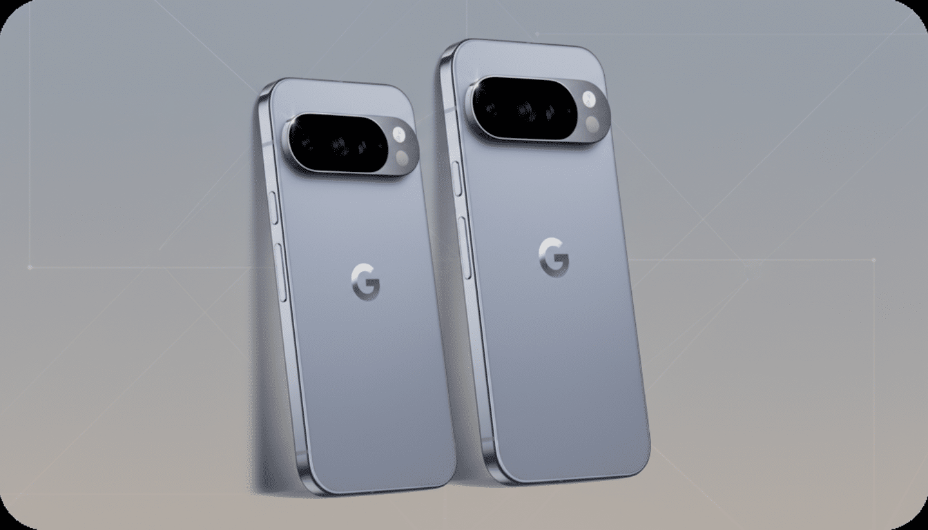 Two light blue Google Pixel phones are shown at a slight angle, with their backs facing the viewer. The phones have a prominent horizontal camera bar near the top and a G logo in the center. The background is a professional flat design with soft patterns and gradients.