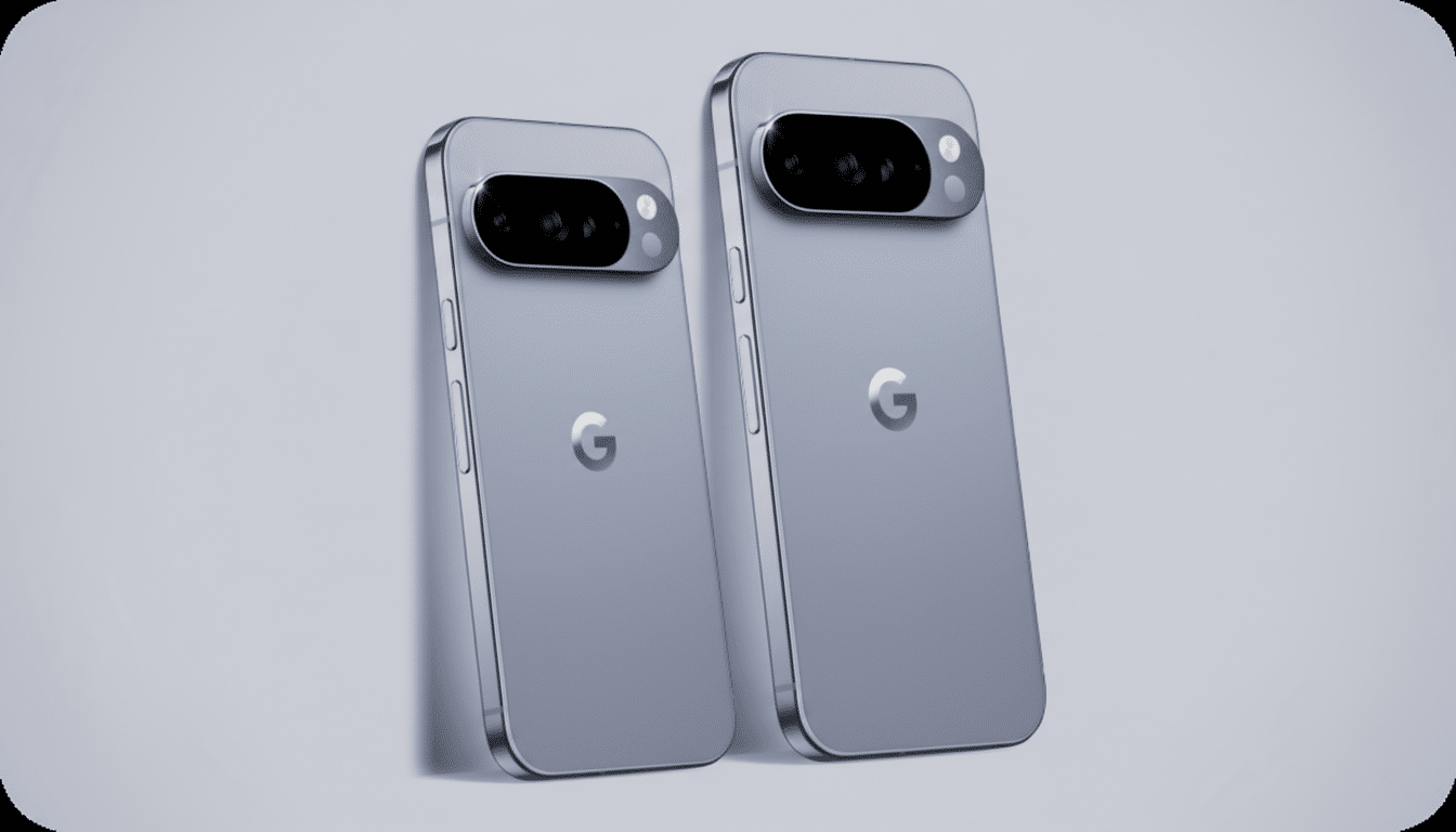 Two light blue Google Pixel phones, one slightly larger than the other, are angled against a light gray background.
