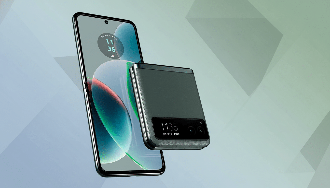 A Motorola Razr 40 Ultra smartphone, partially open, with its screen displaying the time and date, next to a closed Motorola Razr 40 Ultra, both against a professional flat design background with soft gradients.