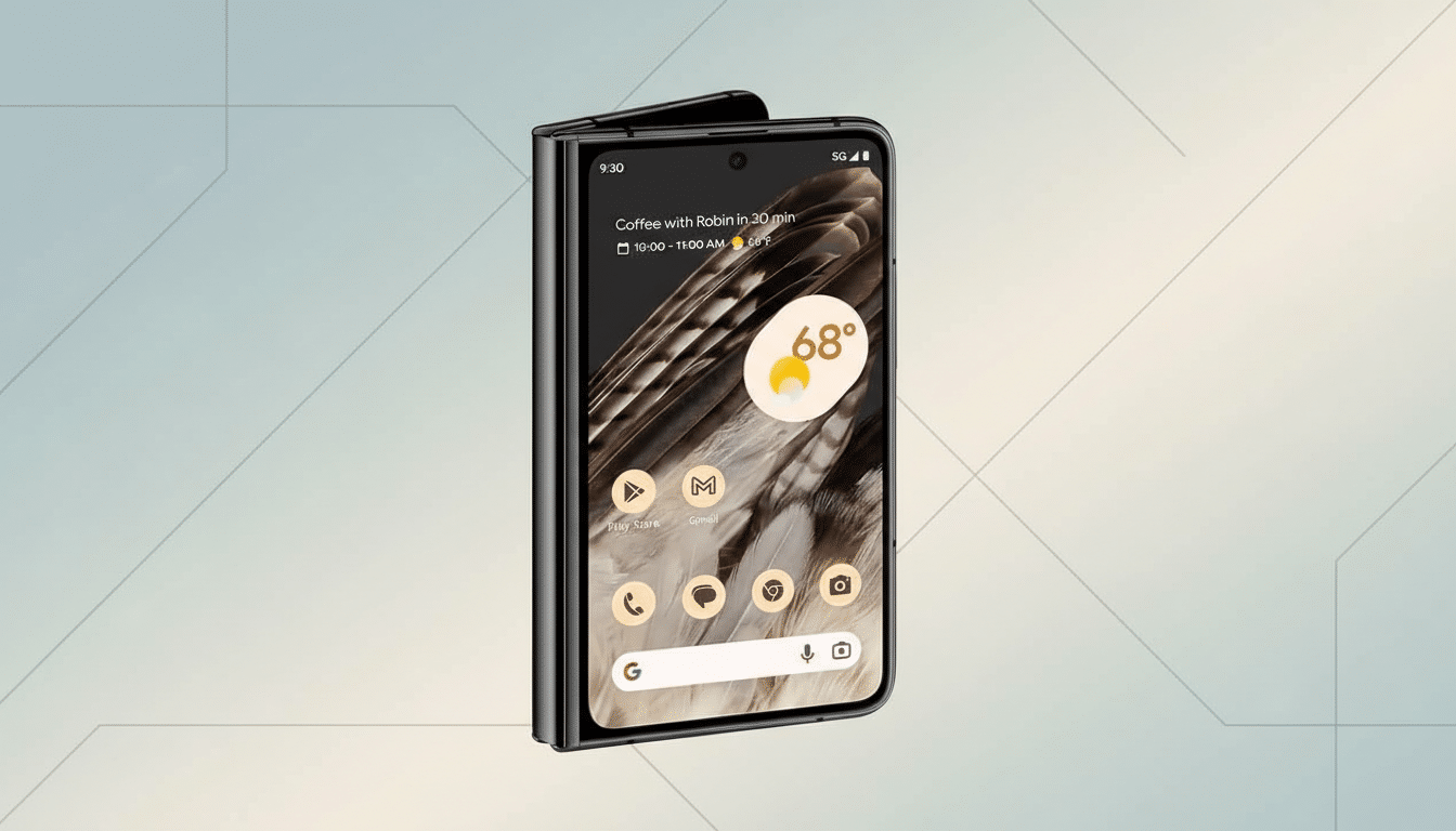 A black Google Pixel Fold smartphone displayed at an angle, showing its screen with app icons and a weather widget, against a professional flat design background with soft patterns.