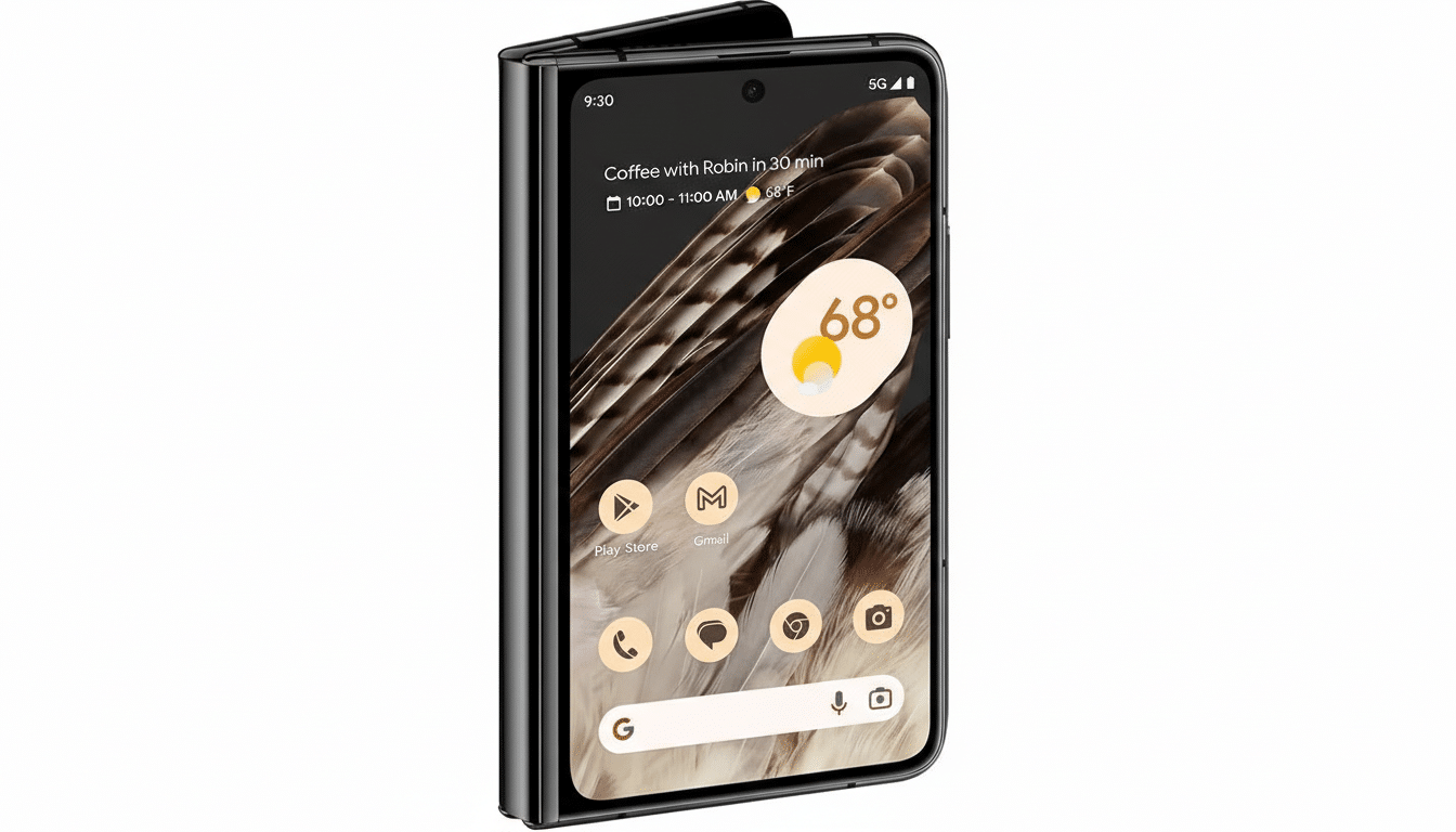 A black foldable smartphone is shown at a slight angle, displaying a home screen with app icons and a weather widget. The phone is set against a clean, professional white background.