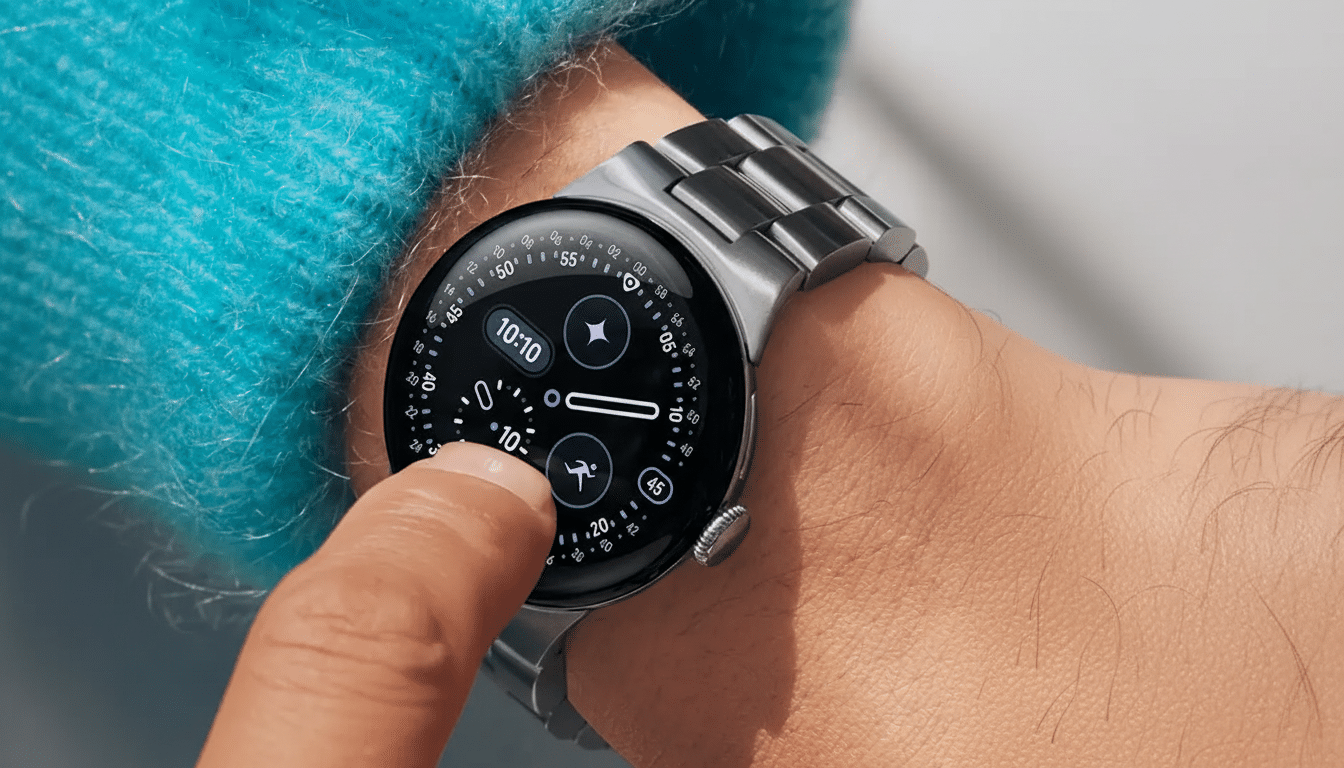 A close-up of a persons wrist wearing a silver smartwatch with a black face, displaying various icons and numbers. The persons finger is touching the screen.