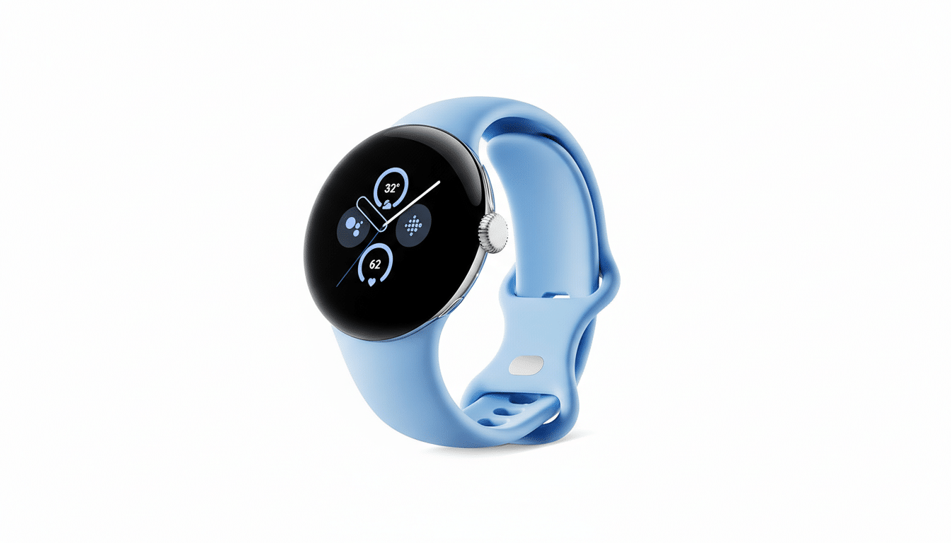 A light blue Google Pixel Watch with a black screen displaying various app icons and information, presented on a clean white background.