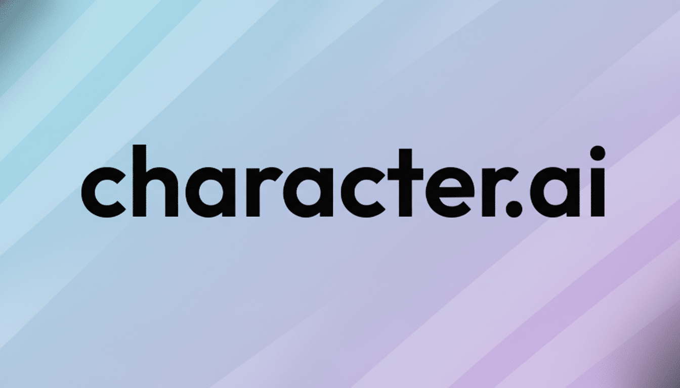 The Character.ai logo, featuring the text character.ai in black lowercase letters, centered on a professional flat design background with soft, diagonal gradients in shades of blue, purple, and pink.