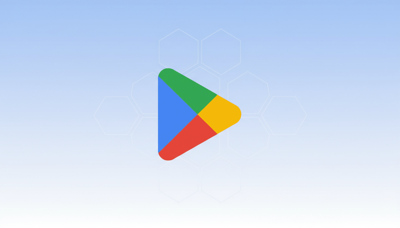 The Google Play Store logo, a colorful triangle made of green, blue, red, and yellow segments, centered on a light blue gradient background with subtle hexagonal patterns.
