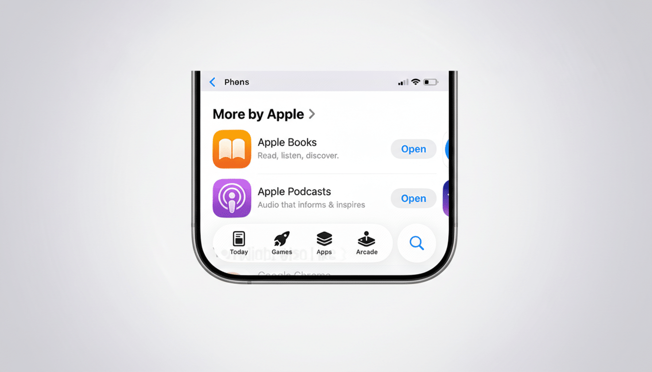 A screenshot of an iPhone screen showing More by Apple with Apple Books and Apple Podcasts listed, set against a professional flat design background with soft gradients.