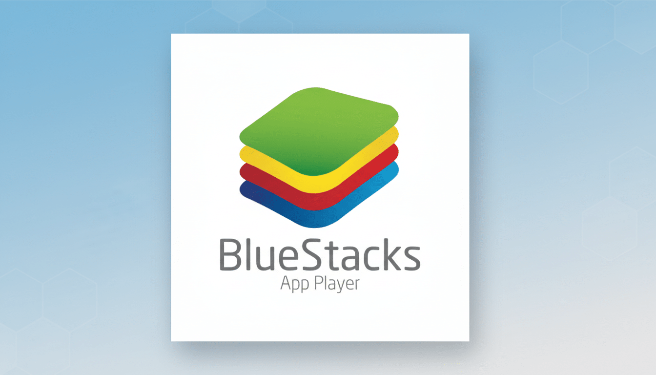 The BlueStacks App Player logo, featuring a stack of four rounded rectangles in green, yellow, red, and blue, with the text BlueStacks App Player below it, presented on a white square against a light blue gradient background with subtle hexagonal patterns.