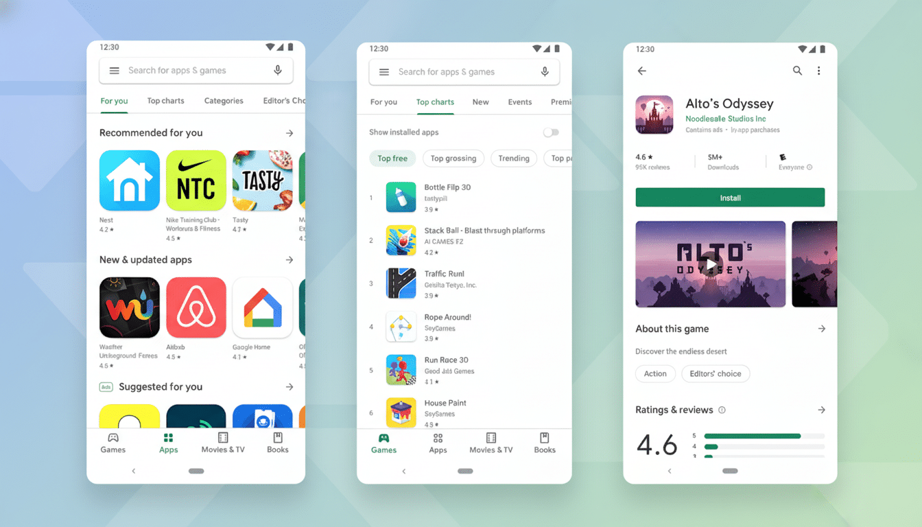 A 16:9 aspect ratio image showing three mobile phone screens displaying the Google Play Store interface. The first screen shows recommended apps, the second shows top charts, and the third shows the details page for Altos Odyssey. The background has been changed to a professional flat design with soft gradients.