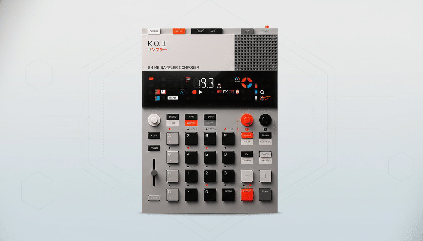 A Teenage Engineering EP-133 K.O. II sampler and composer device centered on a professional flat design background with soft geometric patterns.