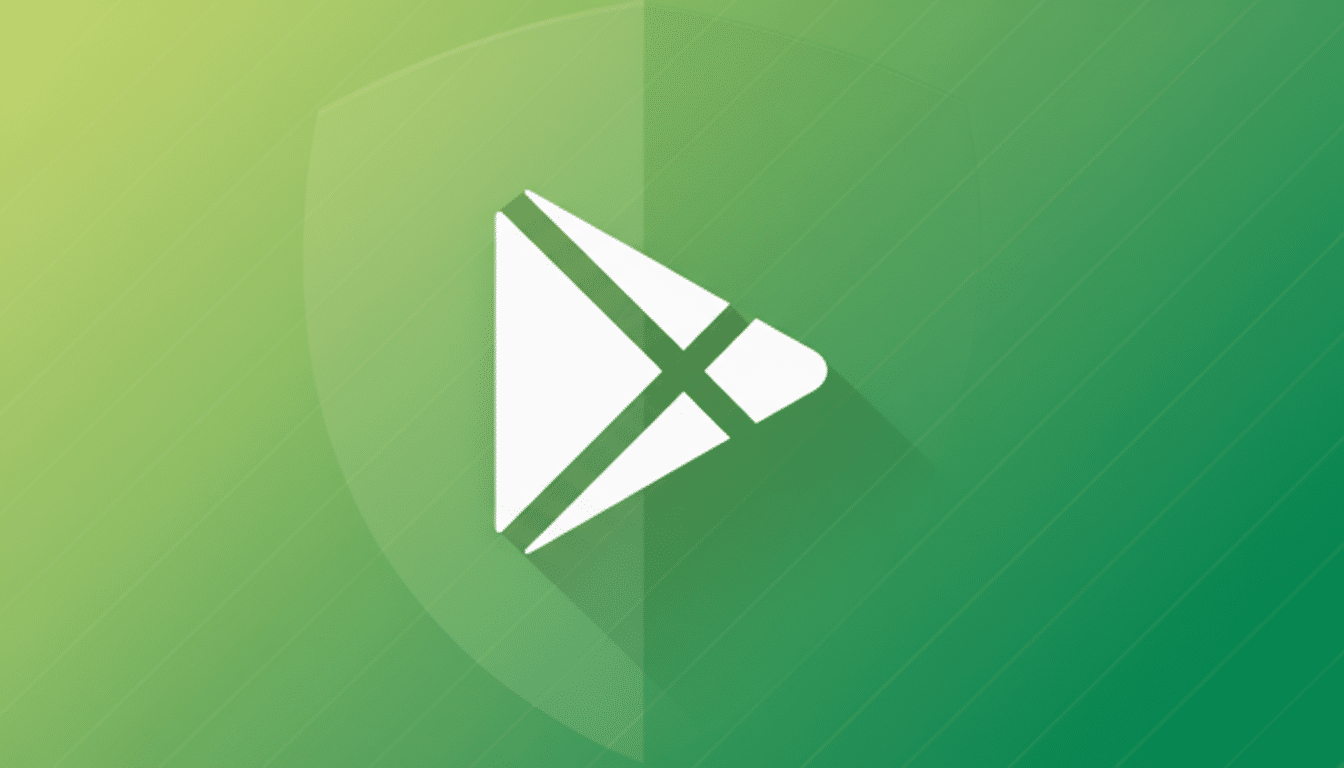 A 16:9 aspect ratio image featuring the Google Play Store icon, a white play symbol on a green shield, against a professional flat design background with a soft green gradient and subtle diagonal patterns.