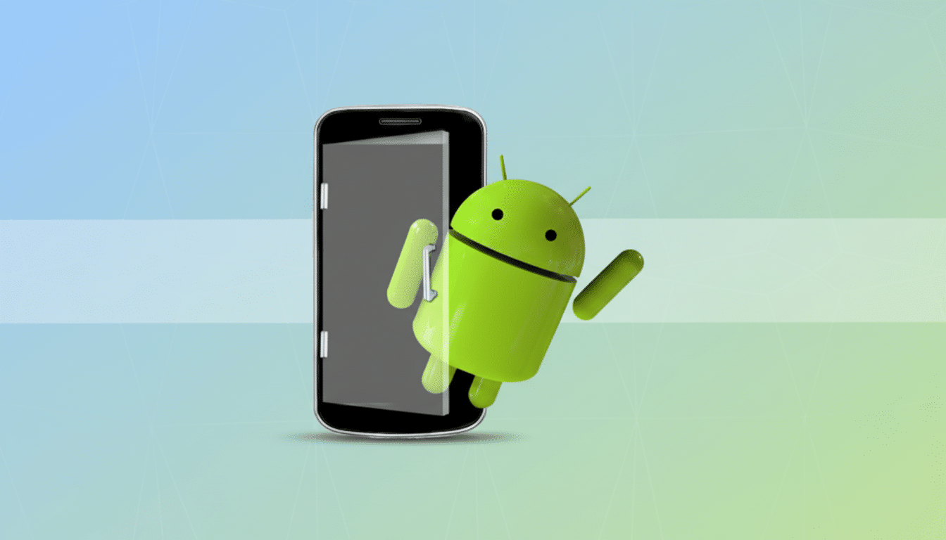 A 16:9 aspect ratio image featuring the Android robot peeking out from behind a smartphone, set against a professional flat design background with soft blue and green gradients and subtle geometric patterns.