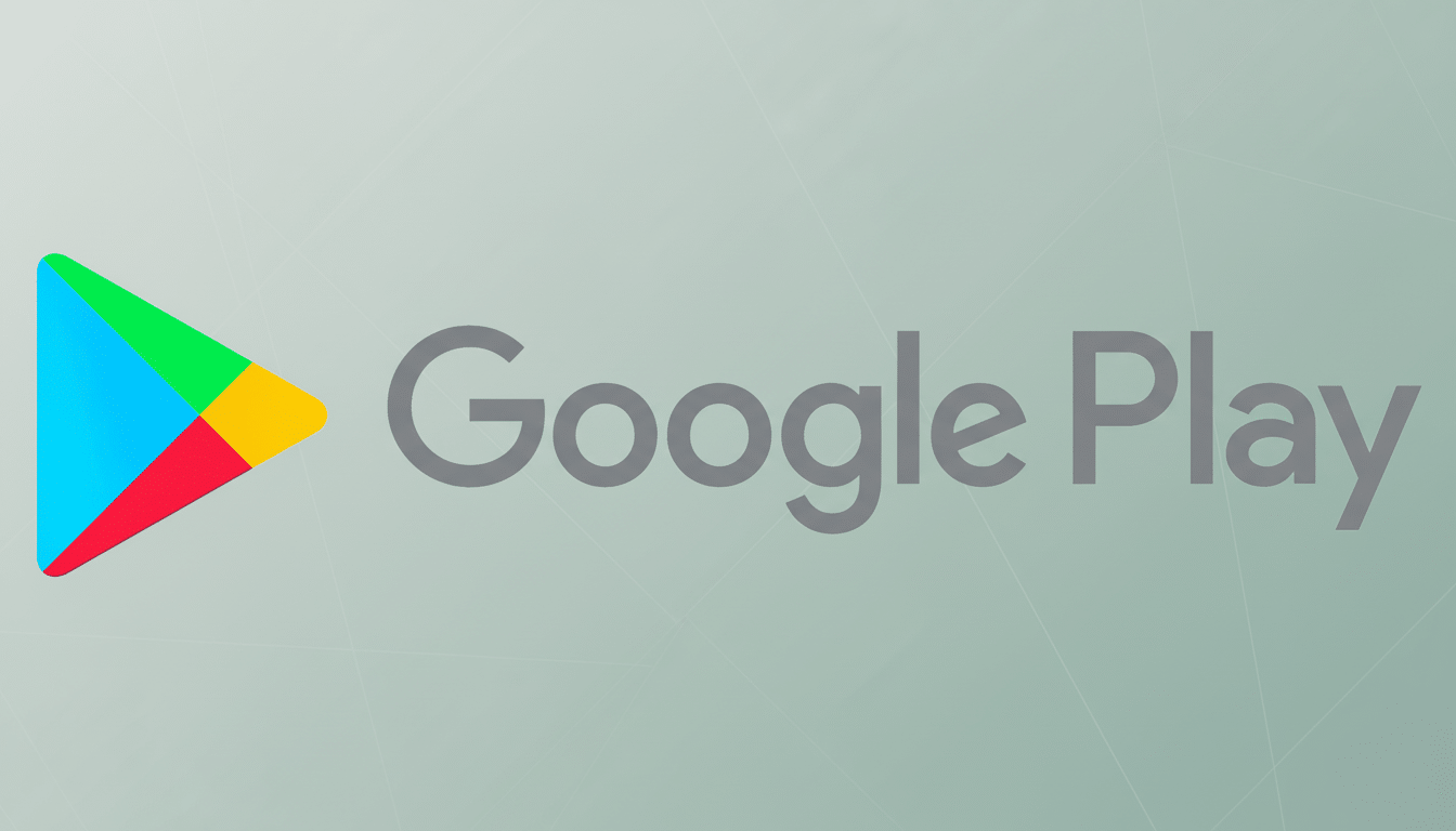 The Google Play logo, featuring a colorful triangular play button icon next to the text Google Play, set against a professional light gray background with subtle geometric patterns.