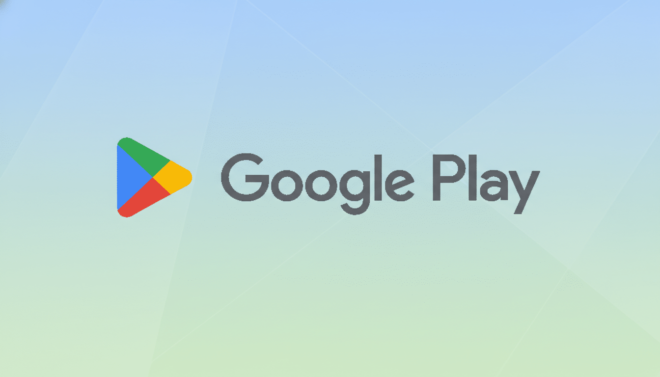 The Google Play logo, featuring a colorful triangular play button icon and the words Google Play in gray, set against a professional flat design background with soft blue and green gradients and subtle geometric patterns.