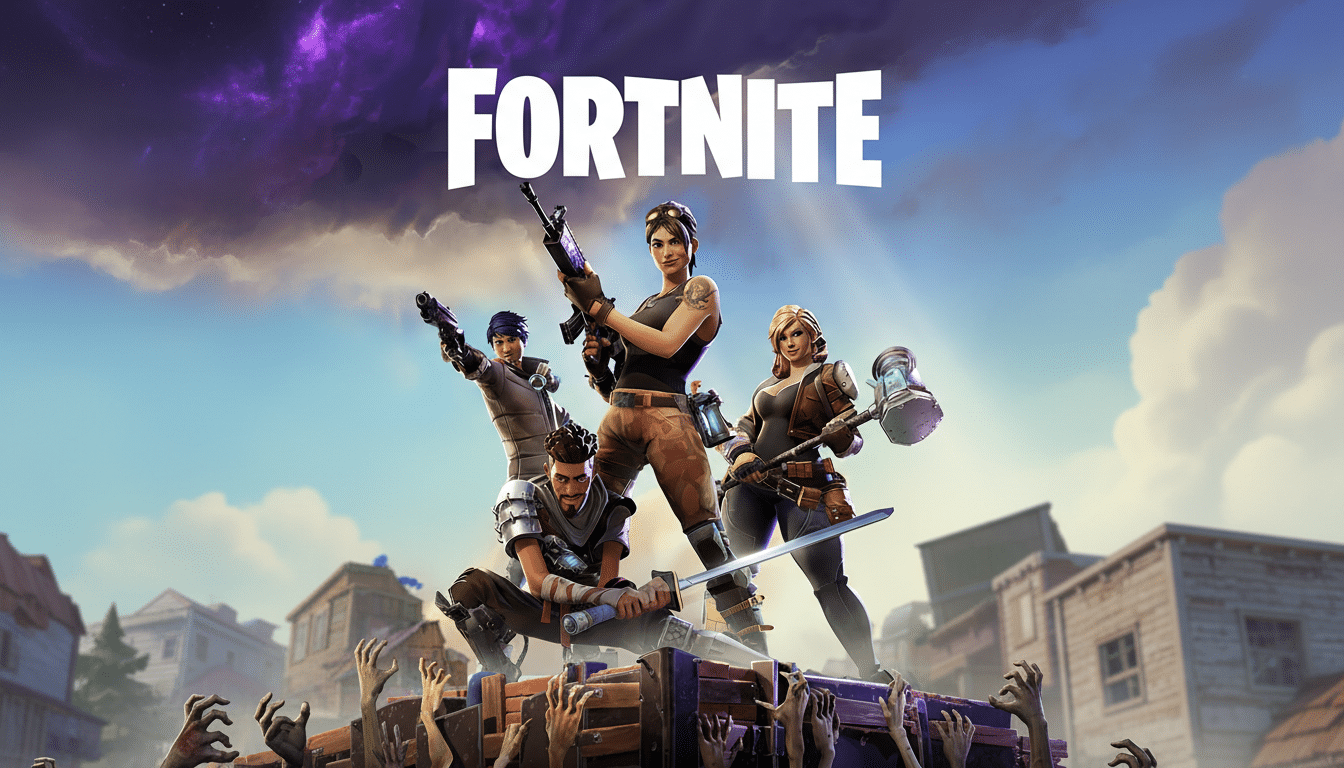 The Fortnite logo above four characters from the game, standing on a platform with zombie hands reaching up, set against a dramatic sky.