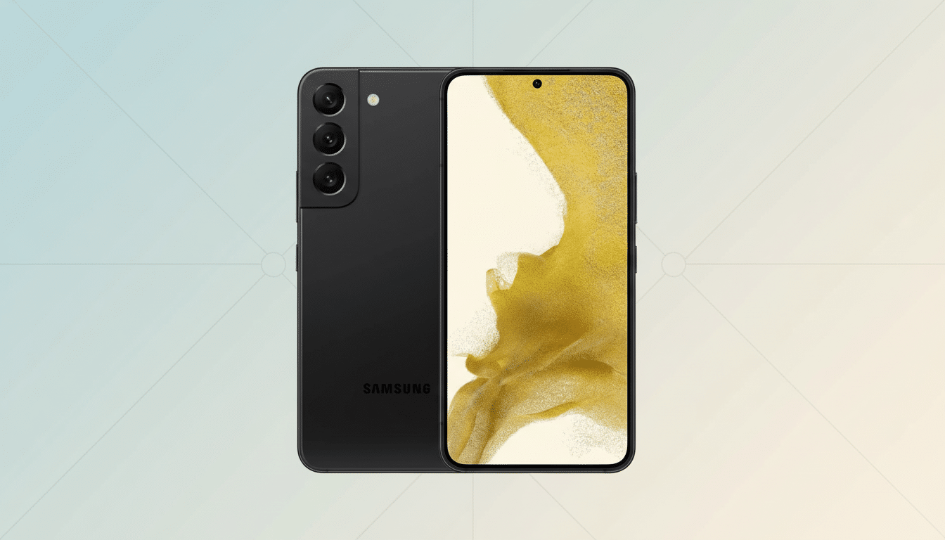 A black Samsung smartphone, shown from the front and back, against a professional flat design background with soft blue and yellow gradients.