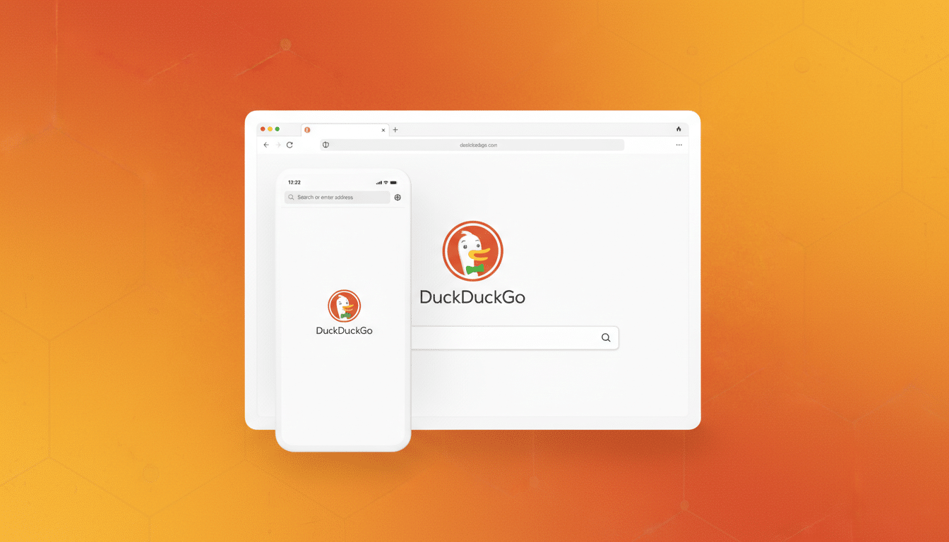 A professional, enhanced image of the DuckDuckGo search engine interface displayed on a desktop browser and a mobile phone, set against an orange gradient background.