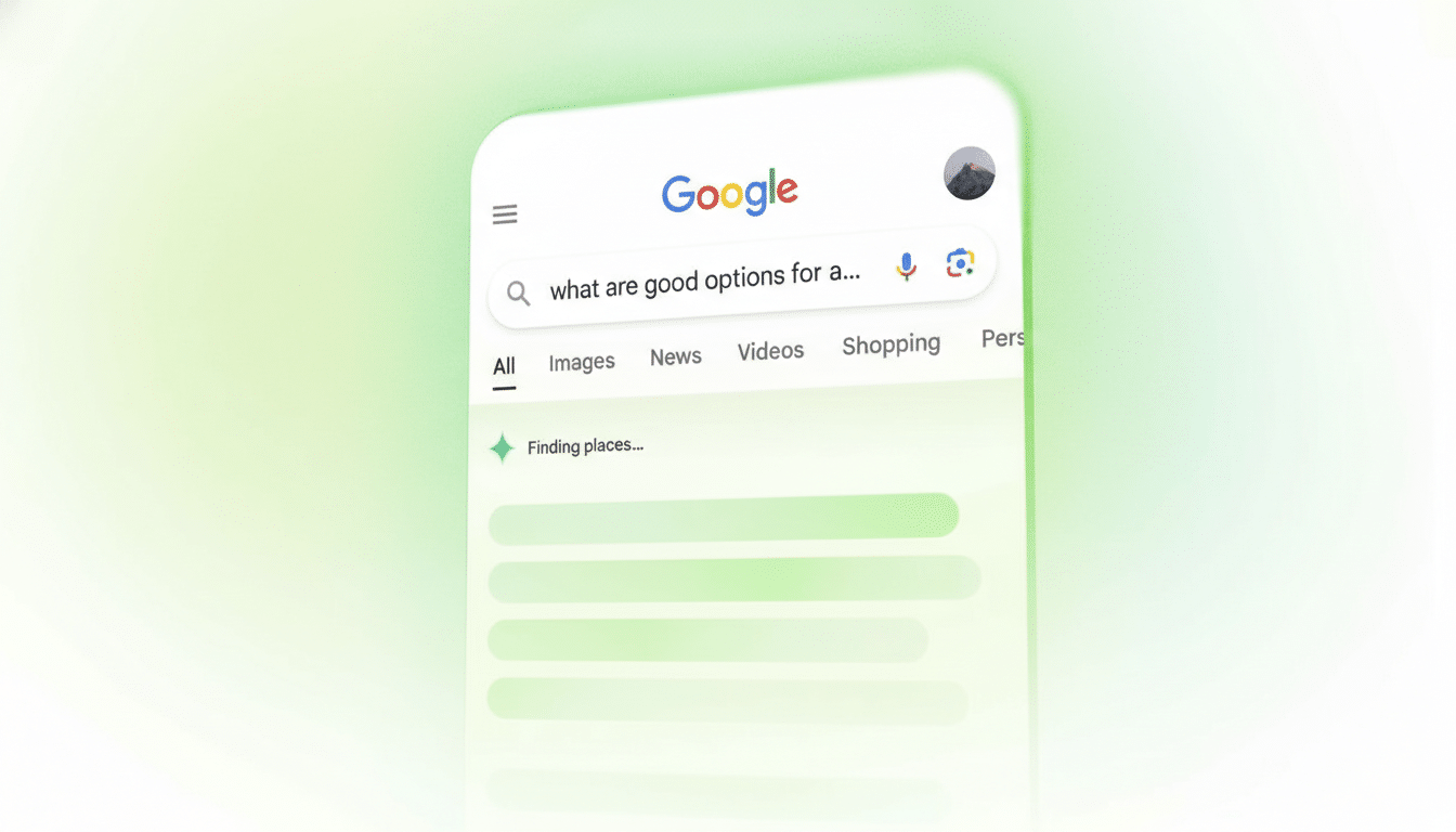 A close-up of a smartphone screen displaying a Google search interface with the query what are good options for a... and search results loading.