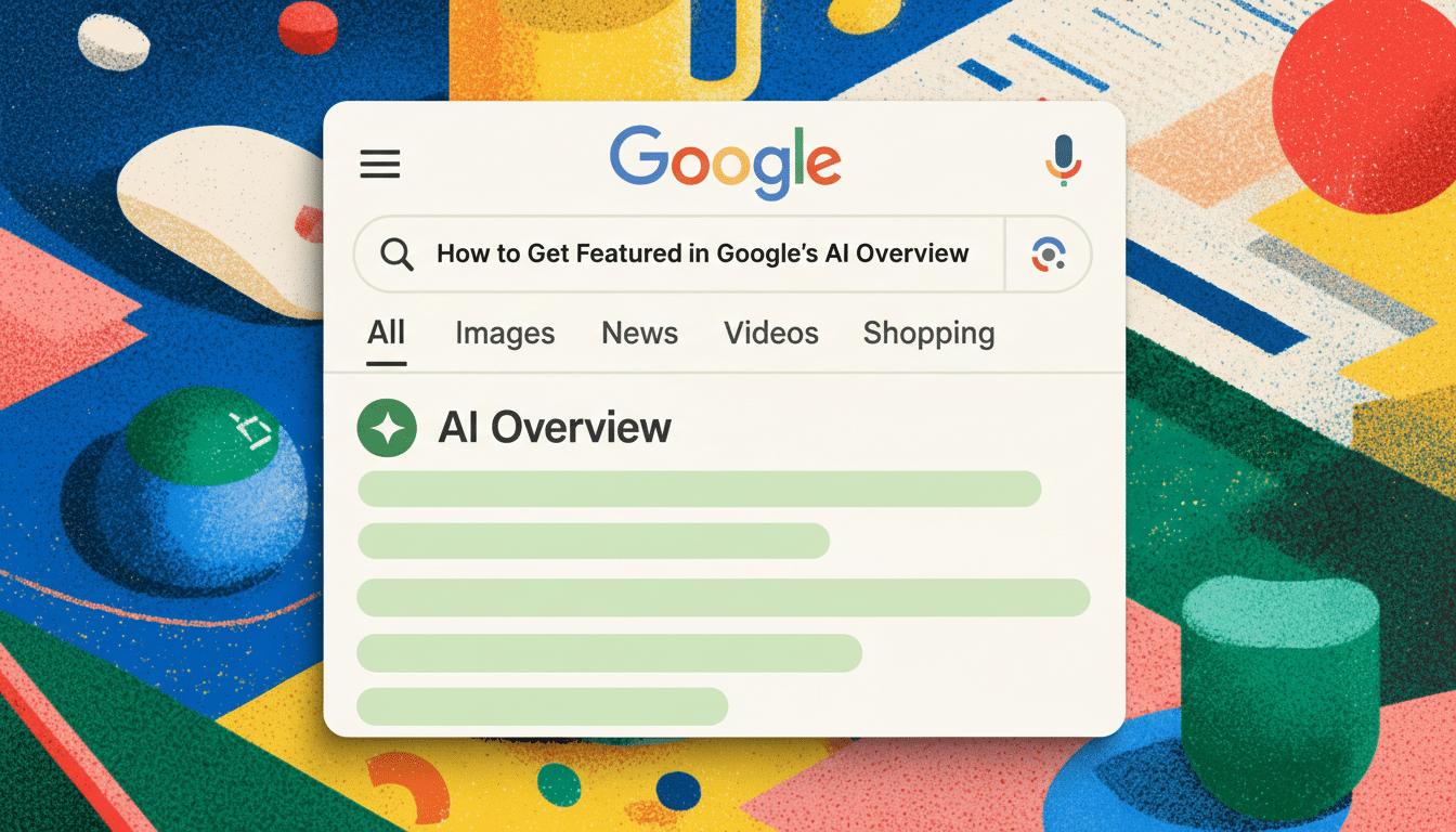 A Google search results page showing How to Get Featured in Googles AI Overview with AI Overview as the top result, set against a colorful, abstract background.
