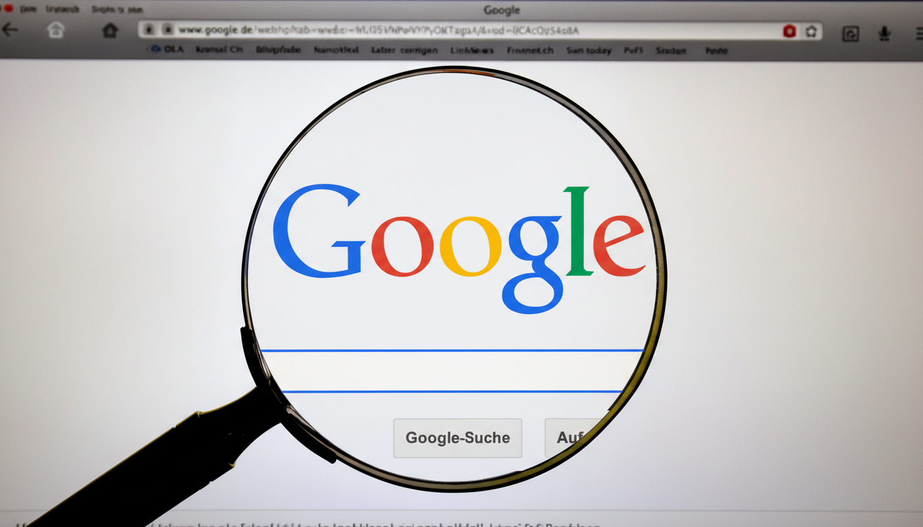 A magnifying glass over a computer screen displaying the Google search page, resized to a 16:9 aspect ratio.