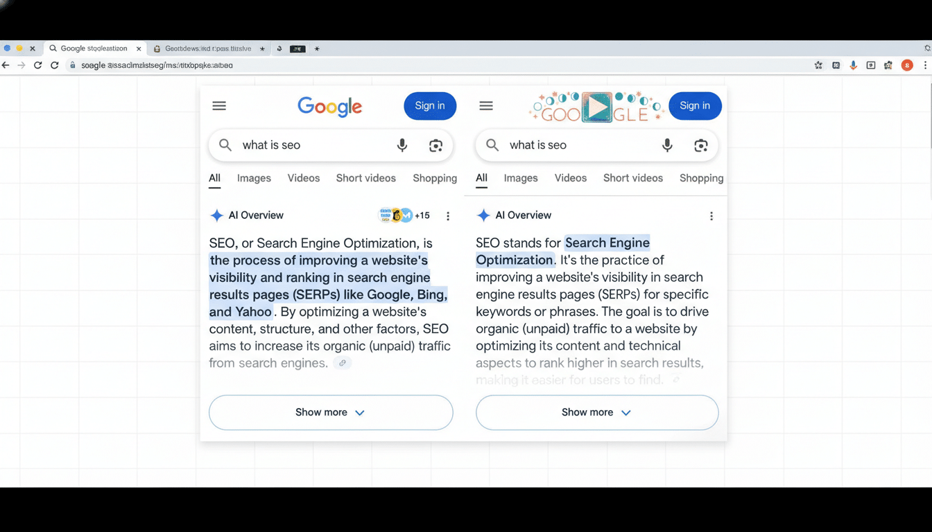 Google Search interface showing a streamlined switch from AI Overviews to AI Mode