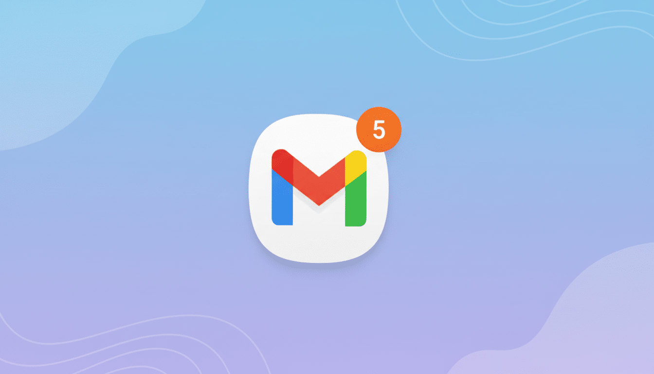 A professionally enhanced image of the Gmail app icon with a notification badge showing the number 5, set against a clean, soft blue and purple gradient background with subtle wave patterns.