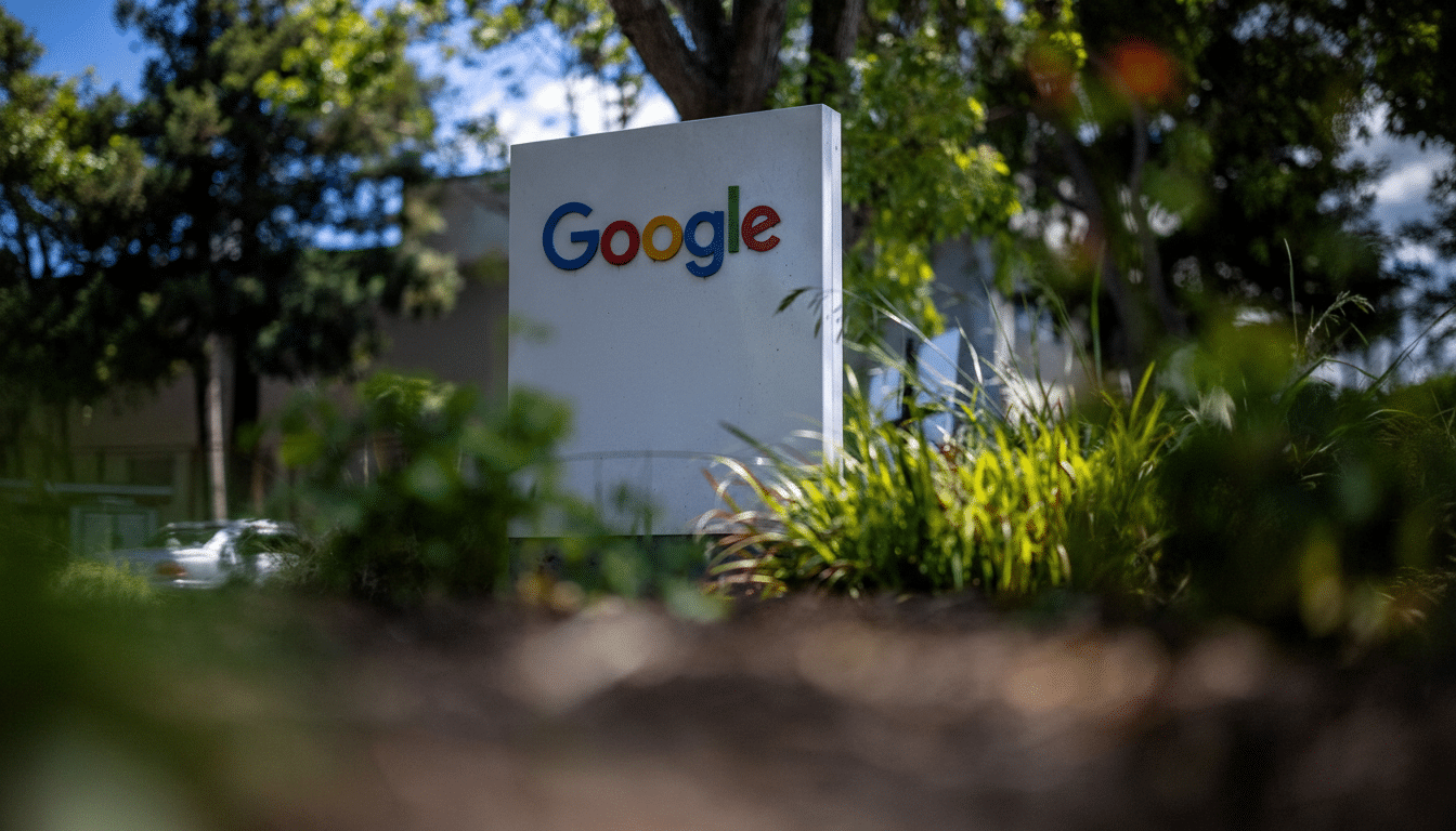 A Google sign stands prominently amidst lush greenery and trees, with a building visible in the background.