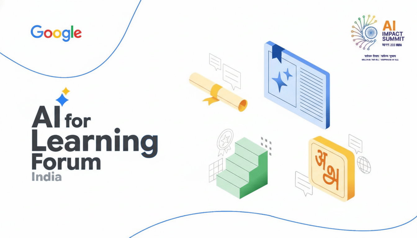A professional image with a 16:9 aspect ratio, featuring the Google logo and AI for Learning Forum India text on the left. On the right, there are four isometric icons: a rolled-up diploma, a document with stars, a set of green steps, and an orange icon with Hindi characters. In the top right corner, there is a logo for AI Impact Summit भारत 2023 India. The background is clean and white with subtle blue curved lines.