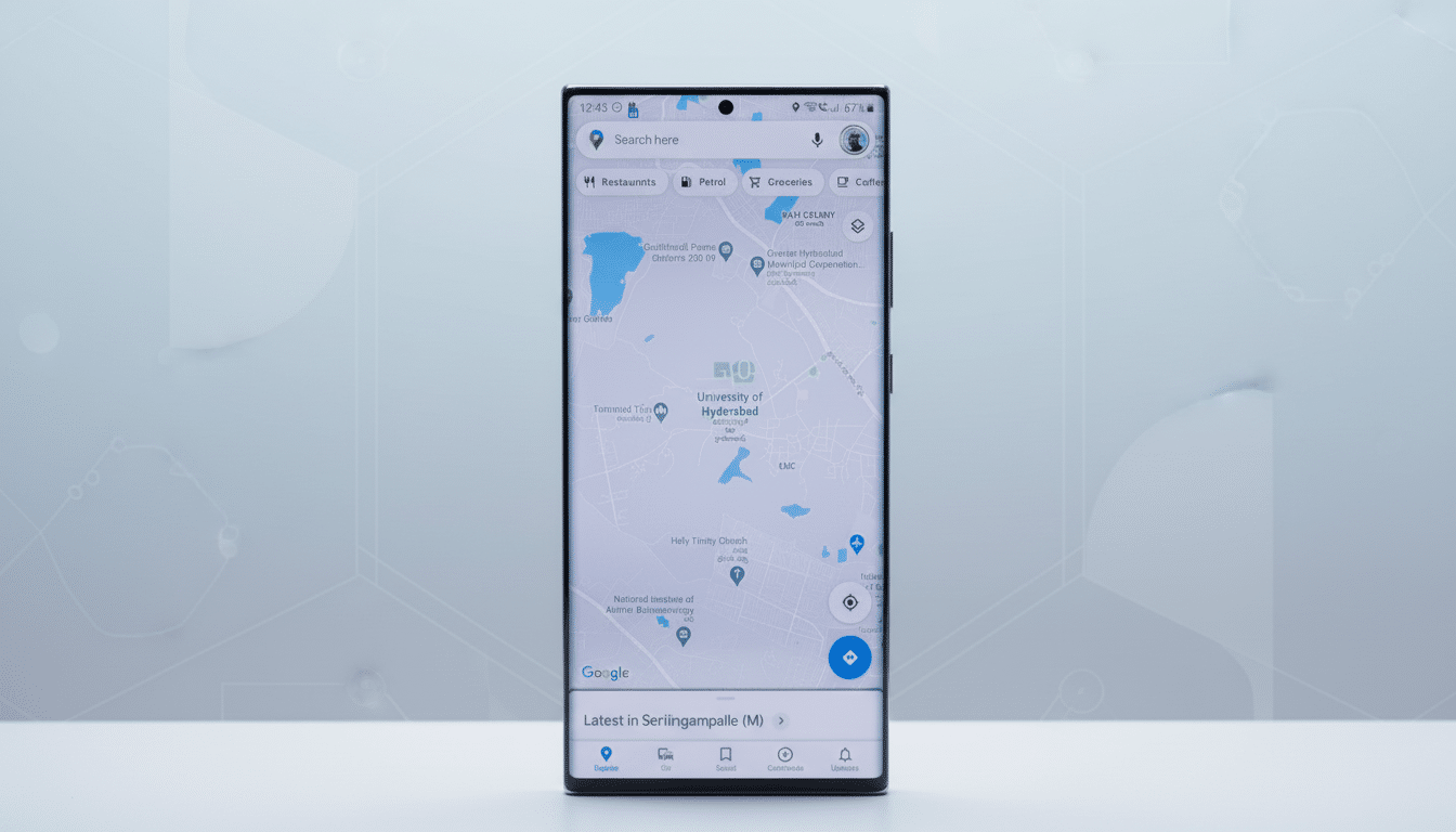 A smartphone displaying Google Maps, resized to a 16:9 aspect ratio with a professional flat design background.