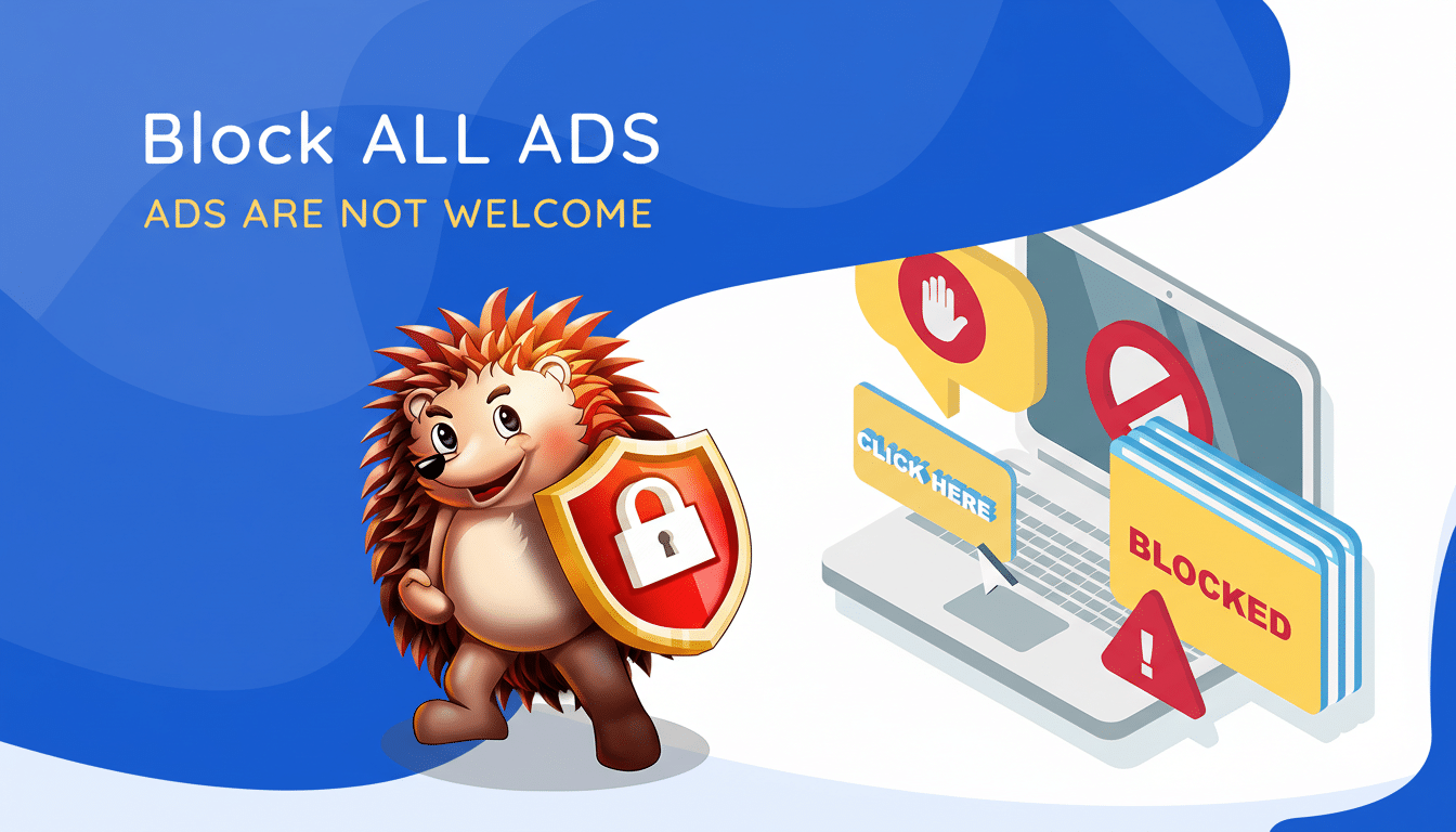 A cartoon hedgehog holding a shield with a lock icon, standing next to a laptop displaying various ad-blocking elements and the text Block ALL ADS, ADS ARE NOT WELCOME. The image has been resized to a 16:9 aspect ratio.