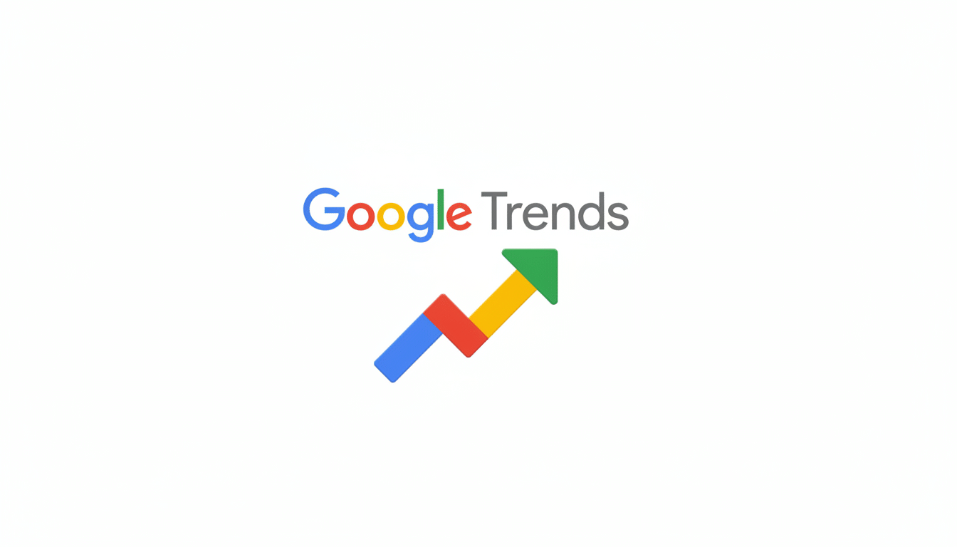 The Google Trends logo, featuring the word Google in its iconic colorful lettering and Trends in gray, positioned above a stylized, upward-pointing arrow composed of colorful segments (blue, red, yellow, green). The logo is centered on a clean, professional white background.