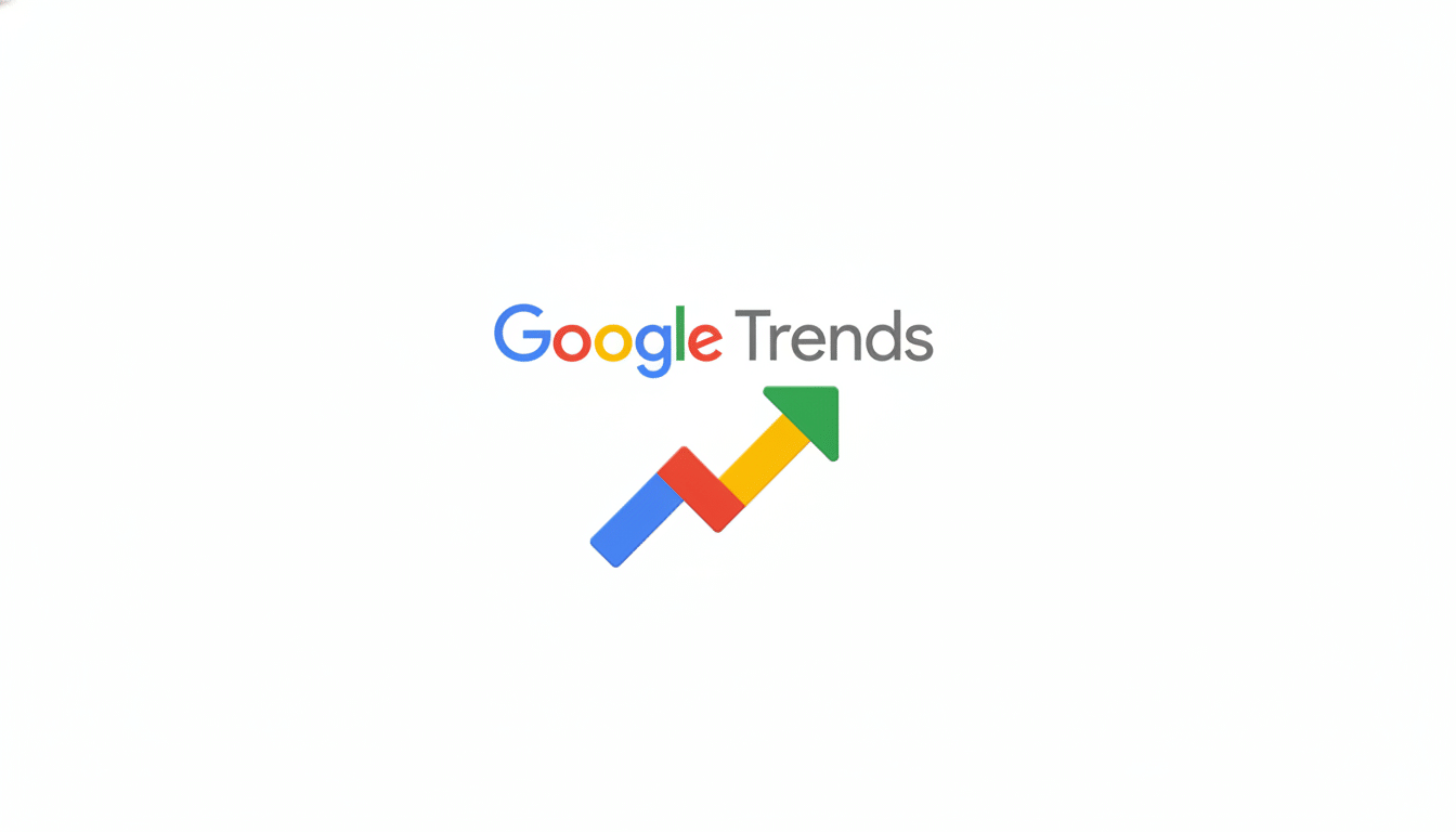The Google Trends logo, featuring the word Google in its signature multi-color font and Trends in gray, positioned above a stylized upward-pointing arrow composed of blue, red, yellow, and green segments, all set against a clean, professional light gray background with a subtle gradient.
