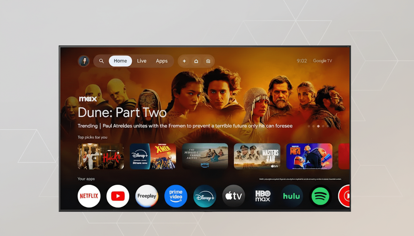A smart TV displaying the Google TV interface with Dune: Part Two highlighted, surrounded by various streaming app icons and other movie/show recommendations.