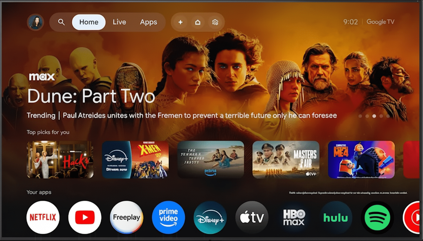 A smart TV displaying the Google TV interface with Dune: Part Two highlighted, surrounded by various streaming app icons and movie/show thumbnails.