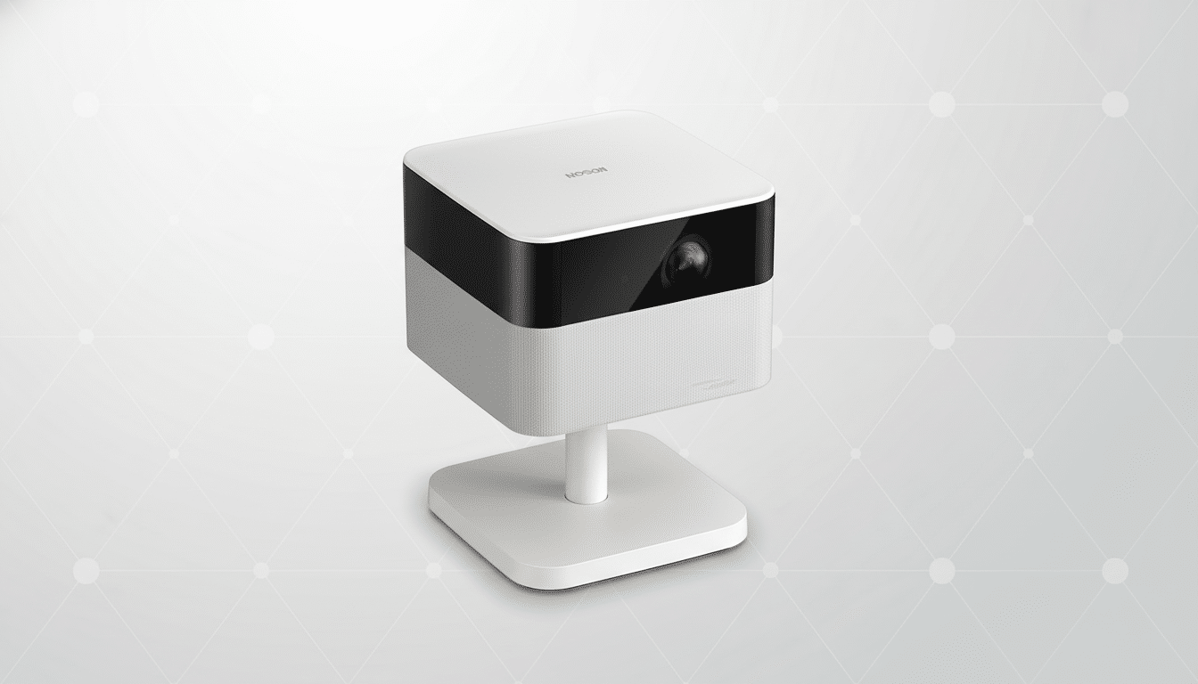 A white and black Epson projector on a white stand, set against a professional flat design background with soft gray patterns and gradients.