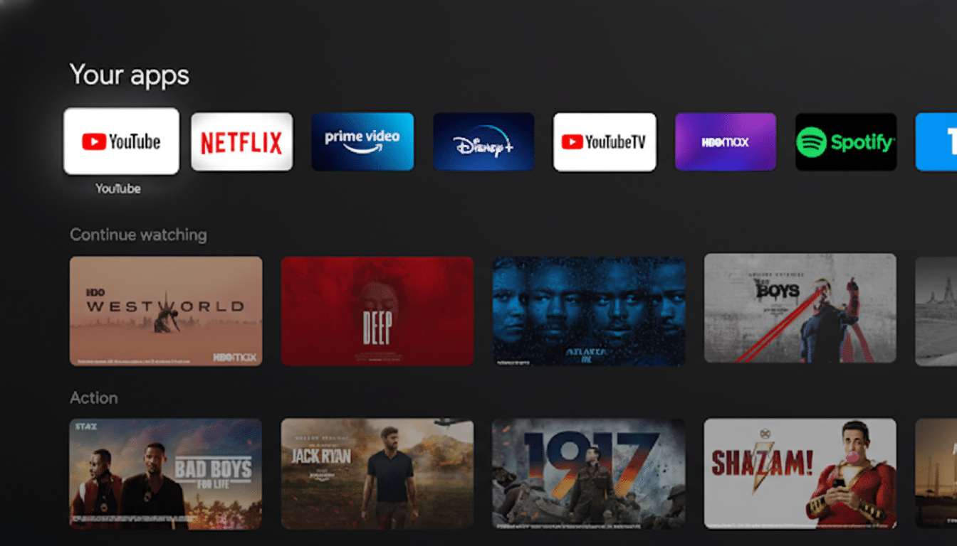 A screenshot of a smart TV interface displaying various streaming apps and content, including YouTube, Netflix, Prime Video, Disney+, HBO Max, and Spotify, with sections for Your apps, Continue watching, and Action.